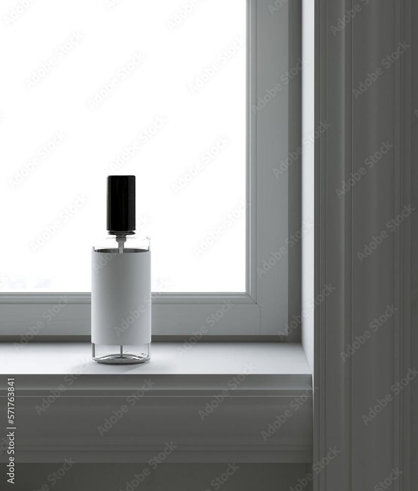 Poster minimal style mockup for product presentation. spray bottle on white window frame background. 3d ren