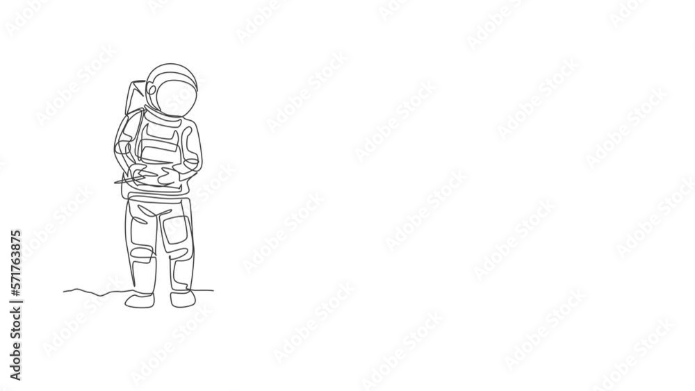 Poster animation of one line drawing of astronaut playing sailboat radio control in moon land. doing hobby 