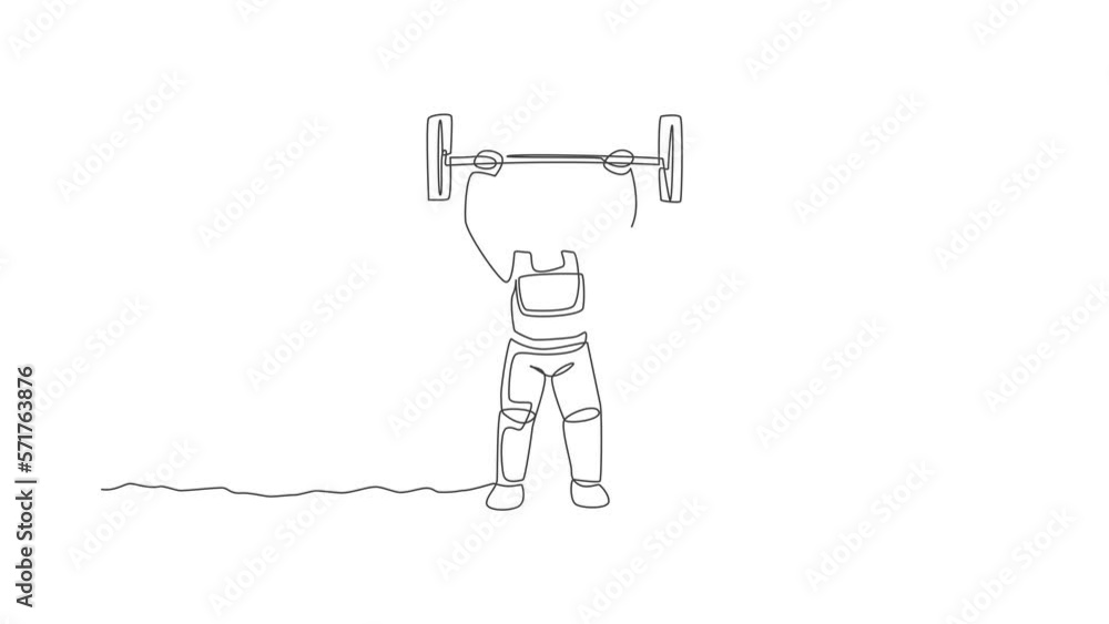 Poster animated self drawing of single continuous line draw muscular astronaut train lifting barbell in moo