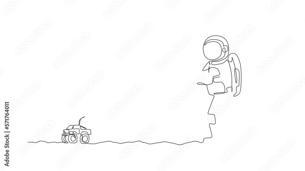 Poster animated self drawing of single continuous line draw astronaut playing monster truck radio control i