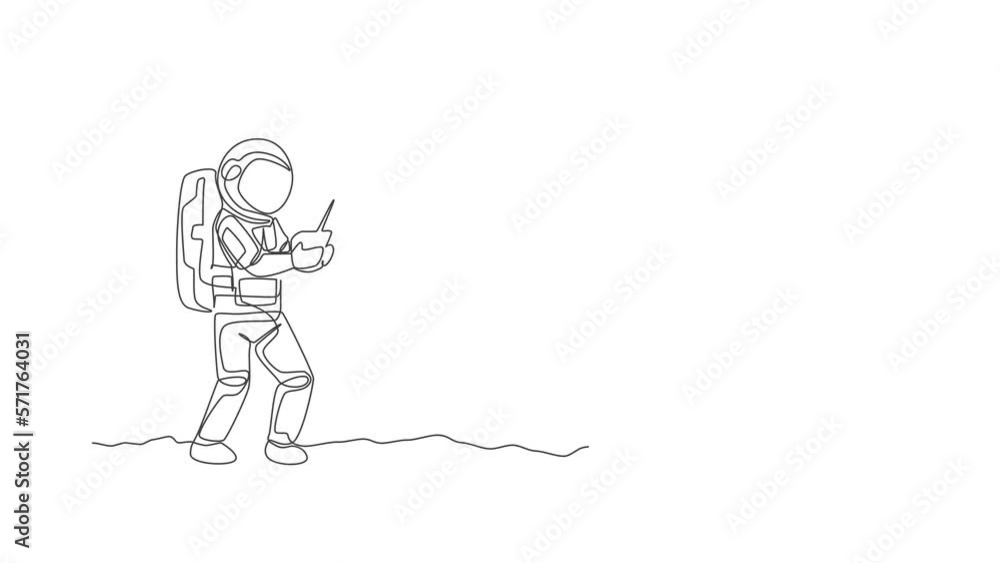 Aufkleber animated self drawing of continuous line draw astronaut playing dump truck radio control in moon cos