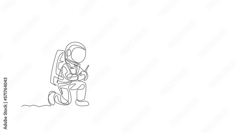 Poster animated self drawing of one continuous line draw astronaut playing robot radio control in moon cosm