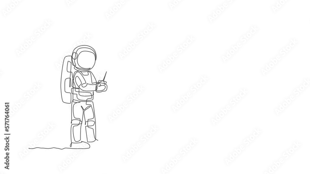 Poster animated self drawing of single continuous line draw astronaut playing helicopter radio control in m