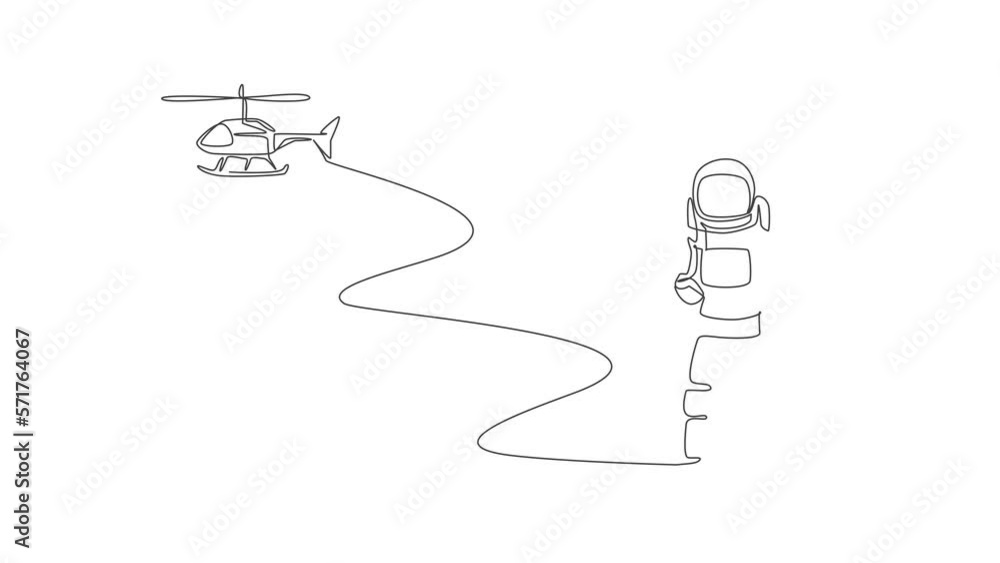 Poster animated self drawing of continuous line draw astronaut playing helicopter radio control in moon sur