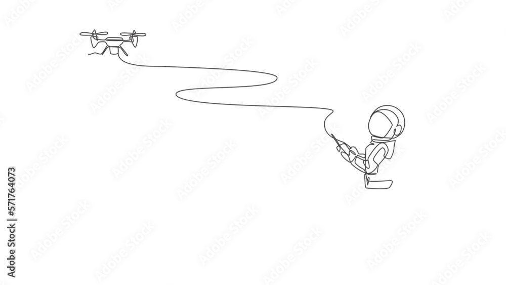 Poster animated self drawing of one continuous line draw astronaut playing drone plane radio control in moo
