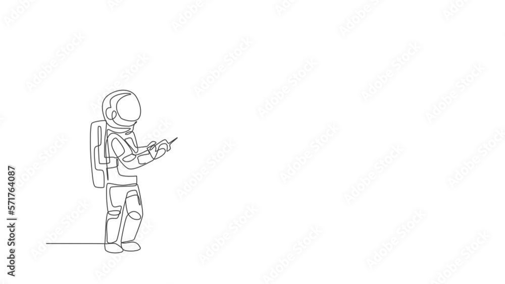 Poster animated self drawing of single continuous line draw astronaut playing drone plane radio control in 