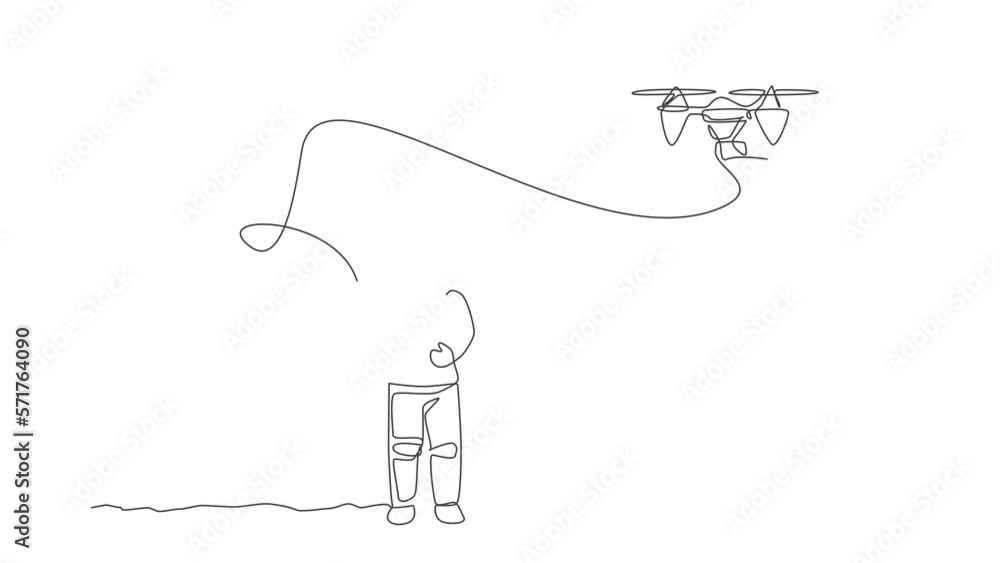 Poster animation of one line drawing astronaut playing drone plane radio control in moon land. doing hobby 