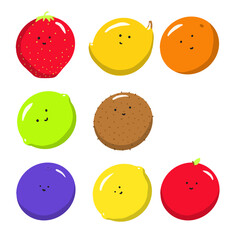 Fototapeta premium Set of cute smiling circular cartoon fruits | Strawberry, Banana, Orange, Lime, Kiwi, Blueberry, Lemon, Apple | Transparent background