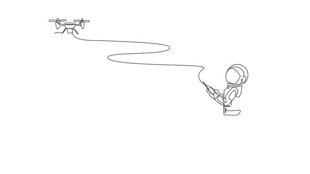 Animated self drawing of one continuous line draw astronaut playing drone plane radio control in moon cosmic galaxy. Outer space hobby and lifestyle concept. Full length single line animation.