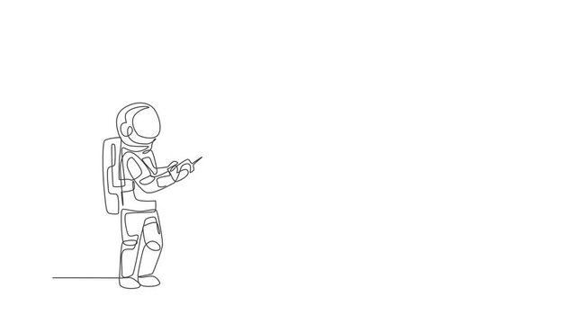 Animated self drawing of single continuous line draw astronaut playing drone plane radio control in moon surface. Having fun in leisure time on outer space concept. Full length one line animation.