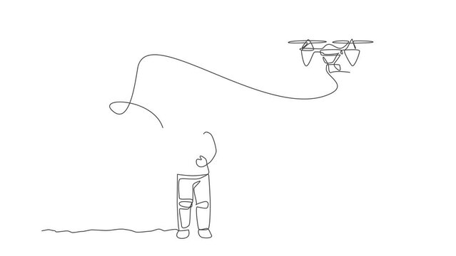 Animation of one line drawing astronaut playing drone plane radio control in moon land. Doing hobby while leisure time in deep space concept. Continuous line self draw animated. Full length motion.
