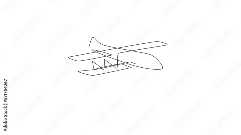 Poster animated self drawing of single continuous line draw retro biplane flying on the sky. airplane vehic