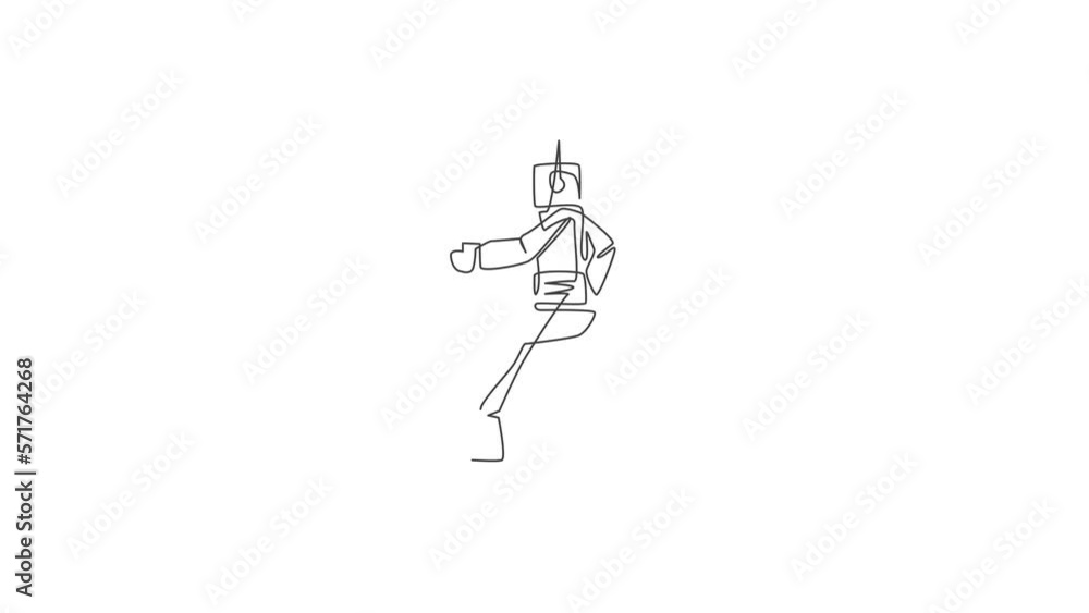 Poster animated self drawing of one continuous line draw smart robot, artificial intelligence product illus