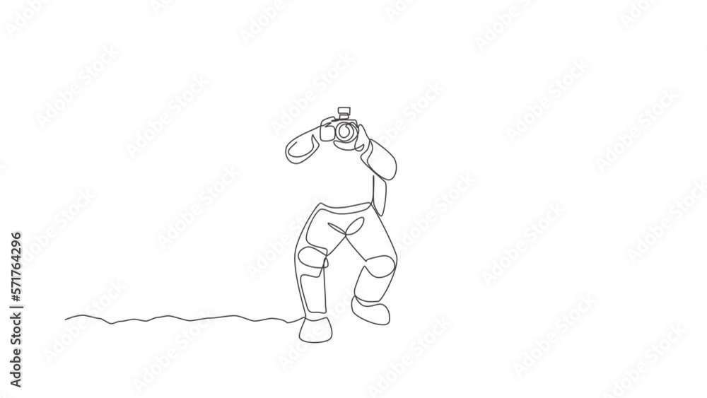Poster animated self drawing of single continuous line draw astronaut doing photography with dslr camera in