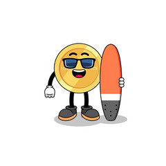 Mascot cartoon of new zealand dollar as a surfer