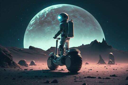 Astronaut drive futuristic scooter on mars planet. Generative Ai