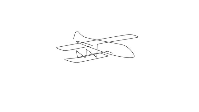 Animated self drawing of single continuous line draw retro biplane flying on the sky. Airplane vehicle for war concept. Full length one line animation illustration.