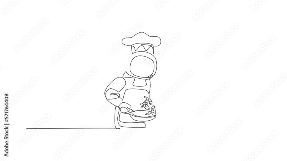 Poster animated self drawing of single continuous line draw astronaut tasting delicious food before serving