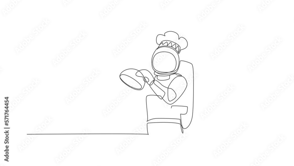 Poster animated self drawing of single continuous line draw astronaut chef serving delicious food while ope