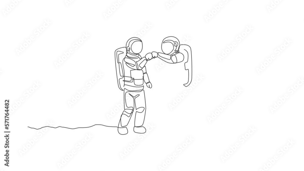 Aufkleber animation of one line drawing of two astronauts giving fist bump to celebrate success teamwork in mo