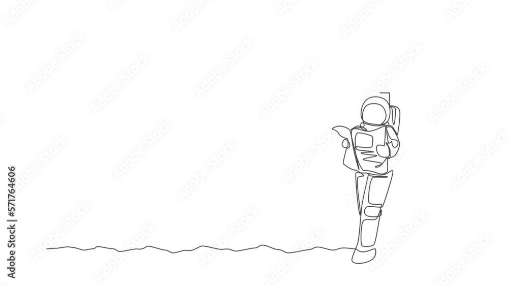 Poster animated self drawing of one continuous line draw astronaut standing and leaning to sign board while