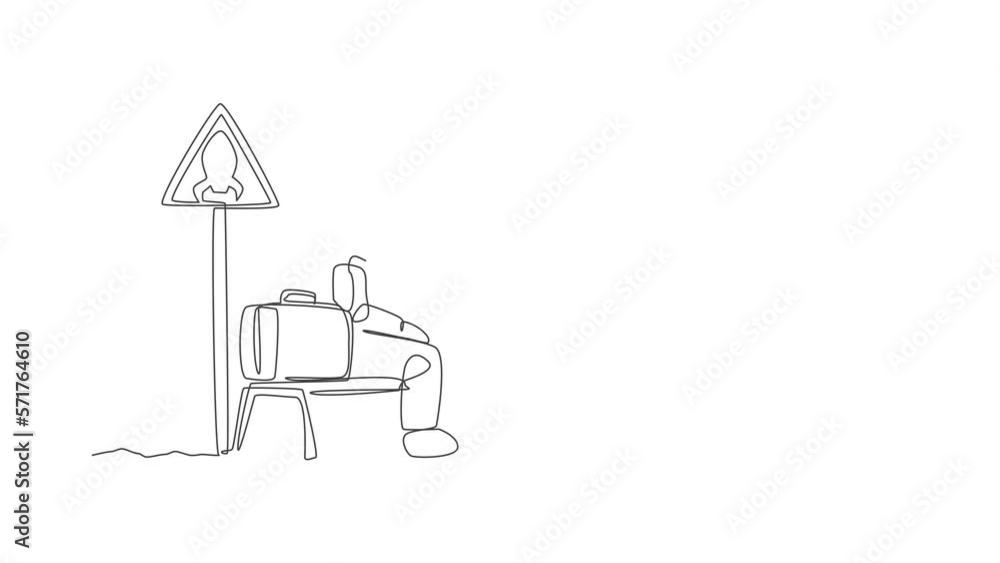 Poster animation of one line drawing of young happy astronaut siting in rocket stop chair beside rocket sig