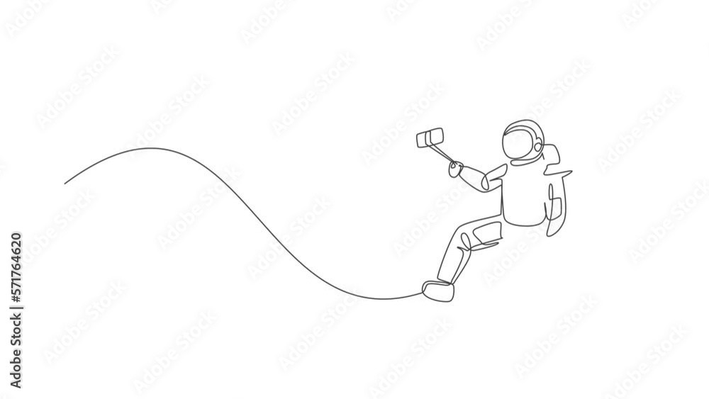 Poster animated self drawing of single continuous line draw young astronaut doing selfie shoot while floati