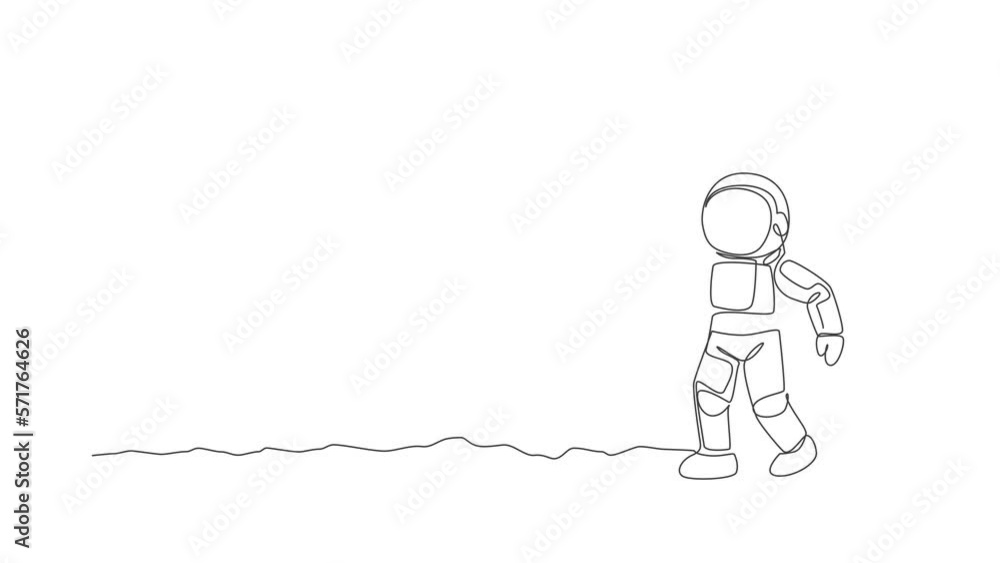 Aufkleber animated self drawing of one continuous line draw young happy astronaut doing selfie shot in moon su