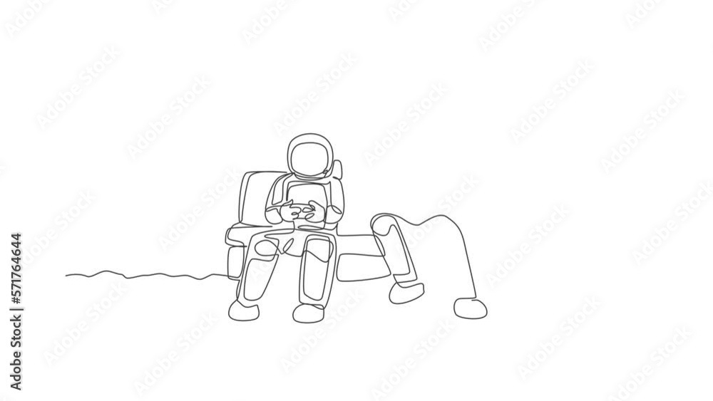 Poster animation of one line drawing two young happy astronauts siting on sofa and playing video game in mo
