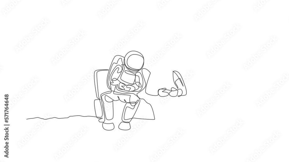 Poster animation of one line drawing two young happy astronauts siting on sofa and playing video game in mo