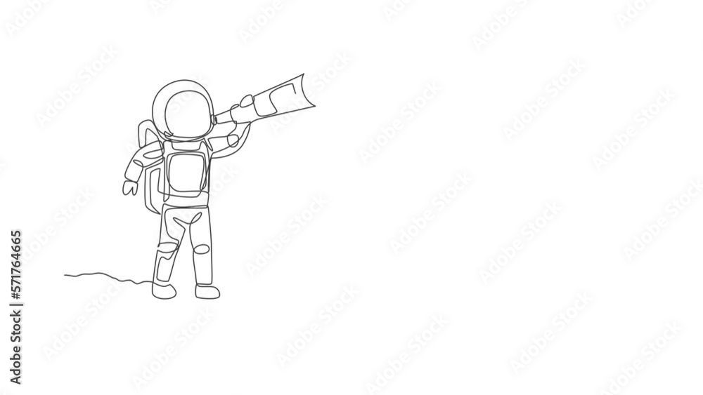 Poster animated self drawing of one continuous line draw young happy astronaut looking galaxy using telesco