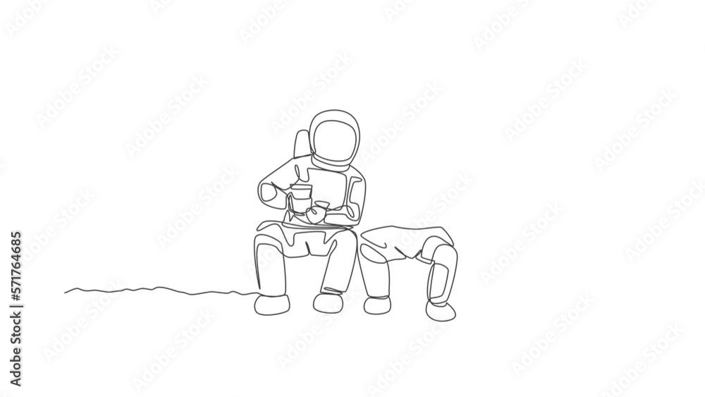 Poster animation of one line drawing two young happy astronauts sitting while drinking coffee together in m