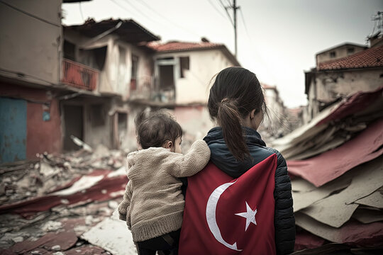 A woman stands with her back barefoot, with a child, against the backdrop of collapsed houses after the earthquake and the flag of Turkey. Digital illustration created with Generative AI.
