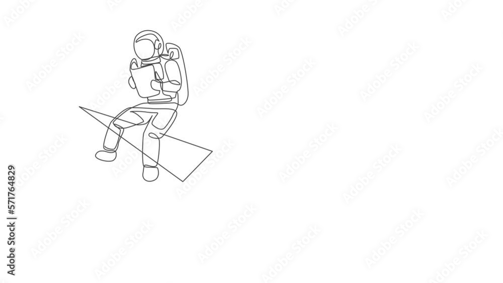 Poster animated self drawing of one continuous line draw young astronaut sitting on the edge of flying pape