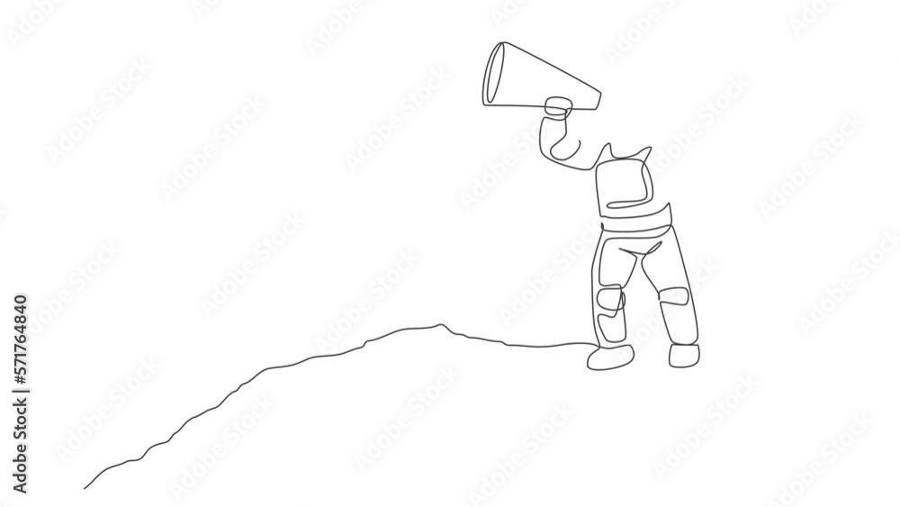 Poster animation of one line drawing of astronaut holding paper speaker to announce loudly some rules in mo