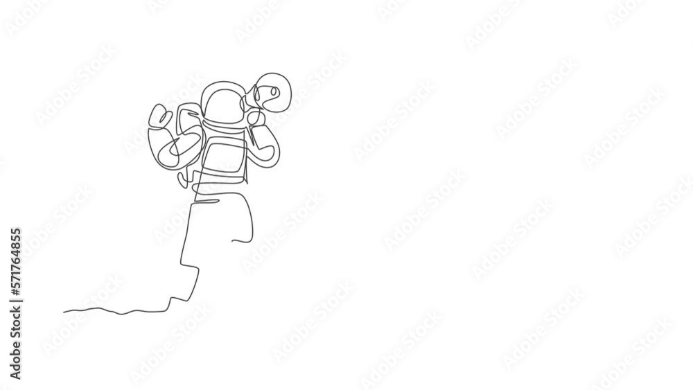 Poster animated self drawing of single continuous line draw young astronaut holding megaphone and speaking 