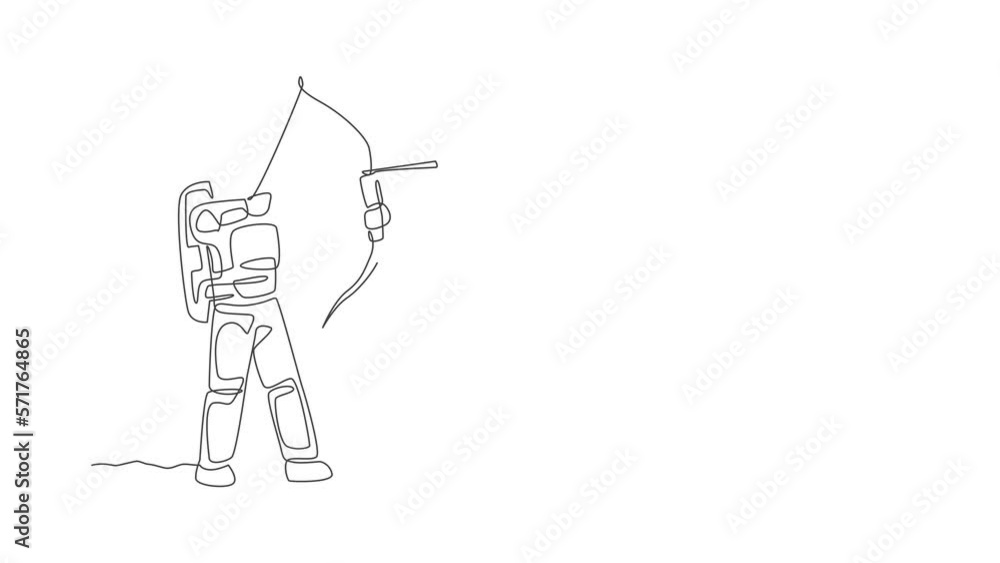 Poster animation of one line drawing of young astronaut focus training to improve his shot into target in m