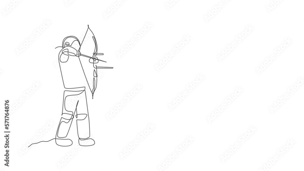 Poster animated self drawing of single continuous line draw young astronaut practicing archery to shoot bul