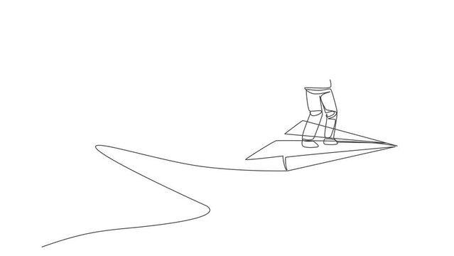 Animated self drawing of single continuous line draw young astronaut standing steady still at flying paper plane on the sky. Cosmonaut outer space concept. Full length one line animation illustration.