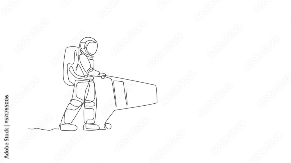 Poster animated self drawing of single continuous line draw young astronaut pushing shopping cart in superm
