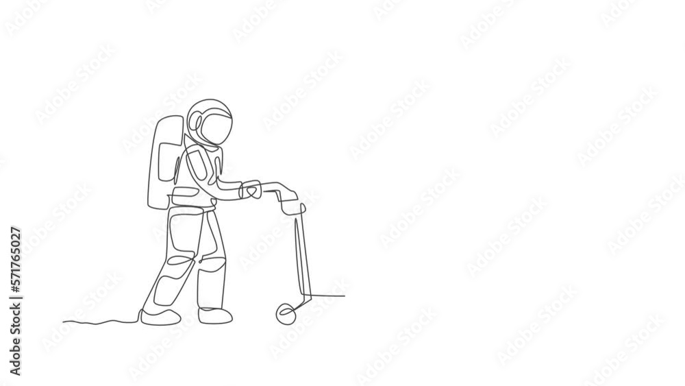 Poster animated self drawing of single continuous line draw young astronaut pushing luggage trolley with ba
