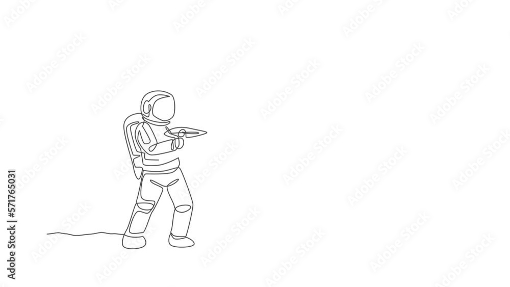 Poster animated self drawing of one continuous line draw young astronaut shoot using space laser gun to kil