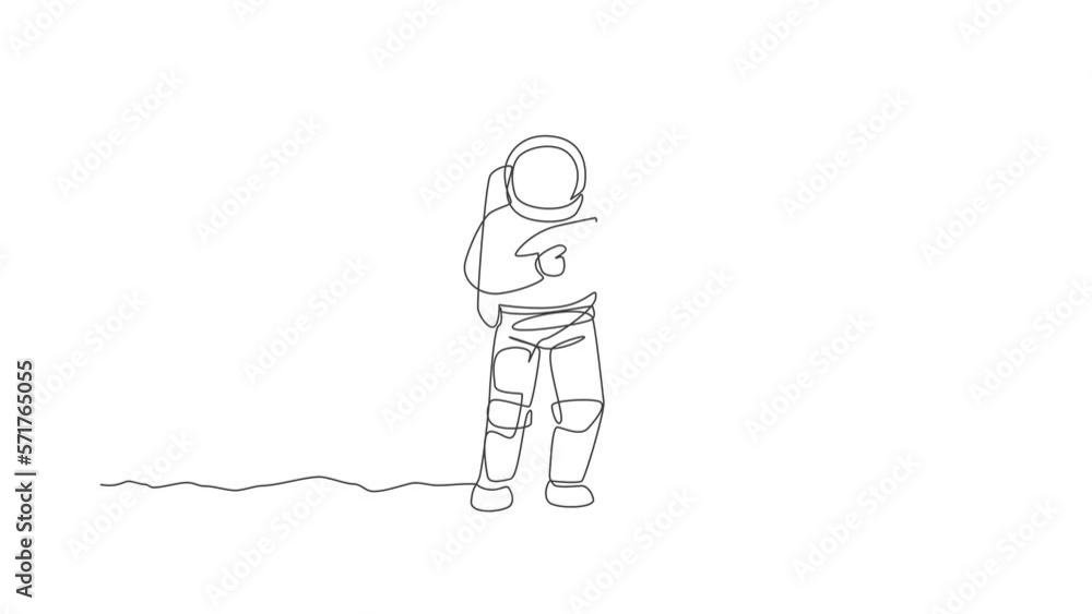 Poster animation of one single line drawing of young astronaut holding space laser gun, prepare to war in m