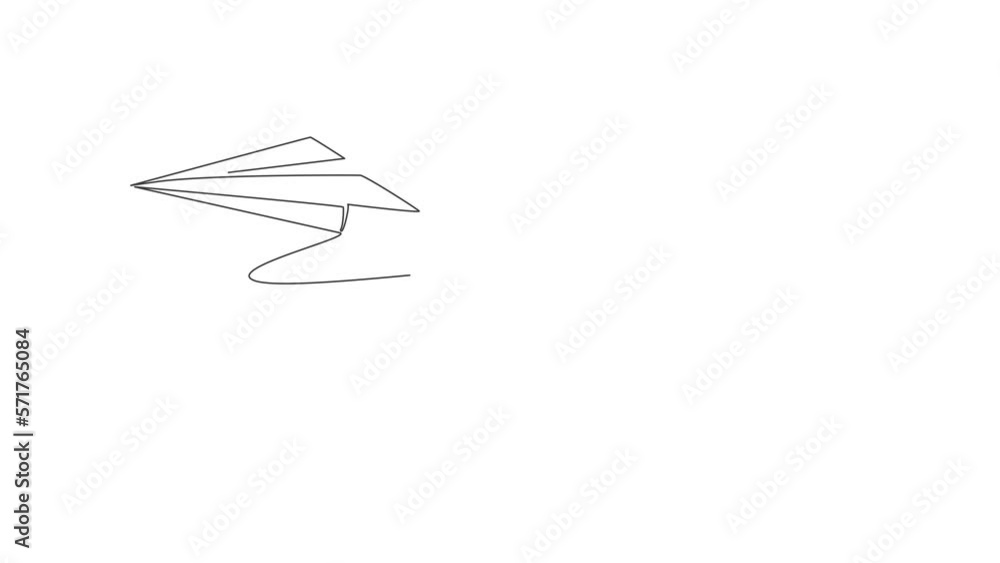 Poster animated self drawing of single continuous line draw flying paper plane on sky. origami toy concept.