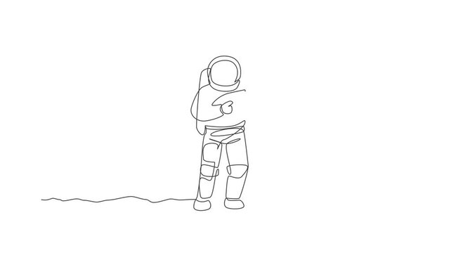 Animation of one single line drawing of young astronaut holding space laser gun, prepare to war in moon surface. Cosmonaut deep space concept. Continuous line self draw animated. Full length motion.