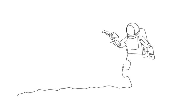 Animated self drawing of continuous line draw young astronaut holding space laser gun and pose to shot in moon surface. Cosmonaut outer space concept. Full length one line animation illustration.