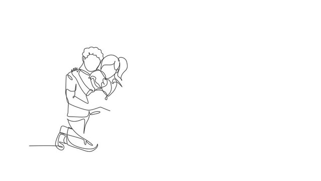 Animated self drawing of one continuous line draw young happy mom and dad hugging their daughter full of warmth . Happy loving parenting family concept. Full length single line animation illustration.
