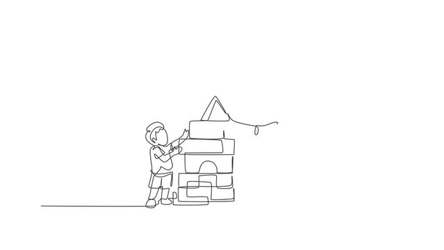 Animation of one line drawing of mom playing with her son building house from puzzle block toy, parenting. Happy family playing together concept. Continuous line self draw animated. Full length motion
