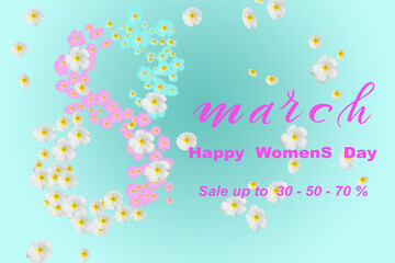 flyer or banner about 30,50,70 percent discount for international women's day on march 8th. 3d illustration