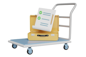 3d airport trolley yellow suitcase icon with warehouse trolley, clipboard, checklist, check, list, pencil isolated. summer travel, trip concept, 3d render illustration
